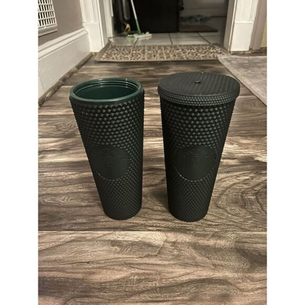 Bundle Starbucks 2022 Studded Matte Dark Green 24oz Tumbler Cold Cup Venti 1 Lid
